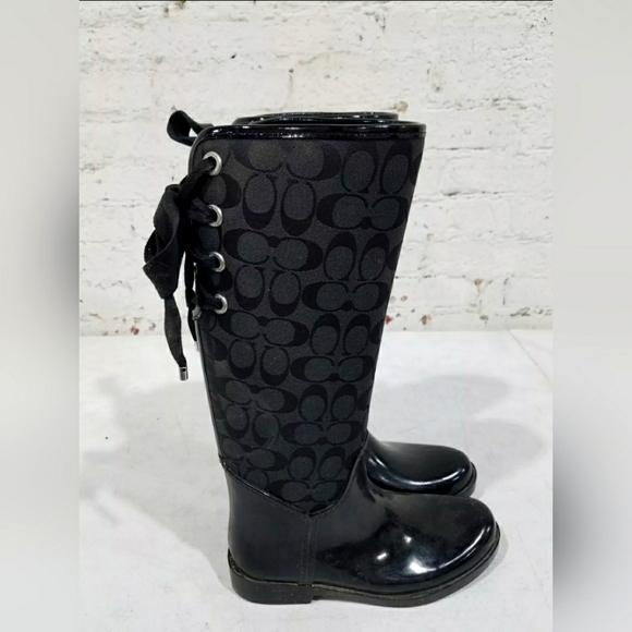 Coach Tristee Designer Signature Monogram Tall Black Rain Boots Q1524 Size 8B - Picture 1 of 6